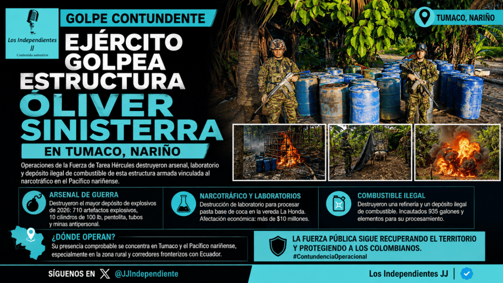 Ejército golpea estructura Óliver Sinisterra en Tumaco: destruyen arsenal, laboratorio y depósito ilegal de&nbsp;combustible