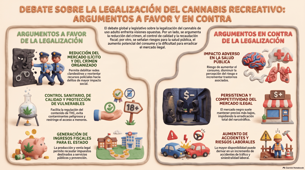 Infografía sobre el debate de la legalización del cannabis recreativo, mostrando argumentos a favor y en contra de la legalización, incluyendo aspectos como la reducción del crimen organizado, control sanitario, generación de ingresos fiscales, impacto en la salud pública, y riesgos laborales.